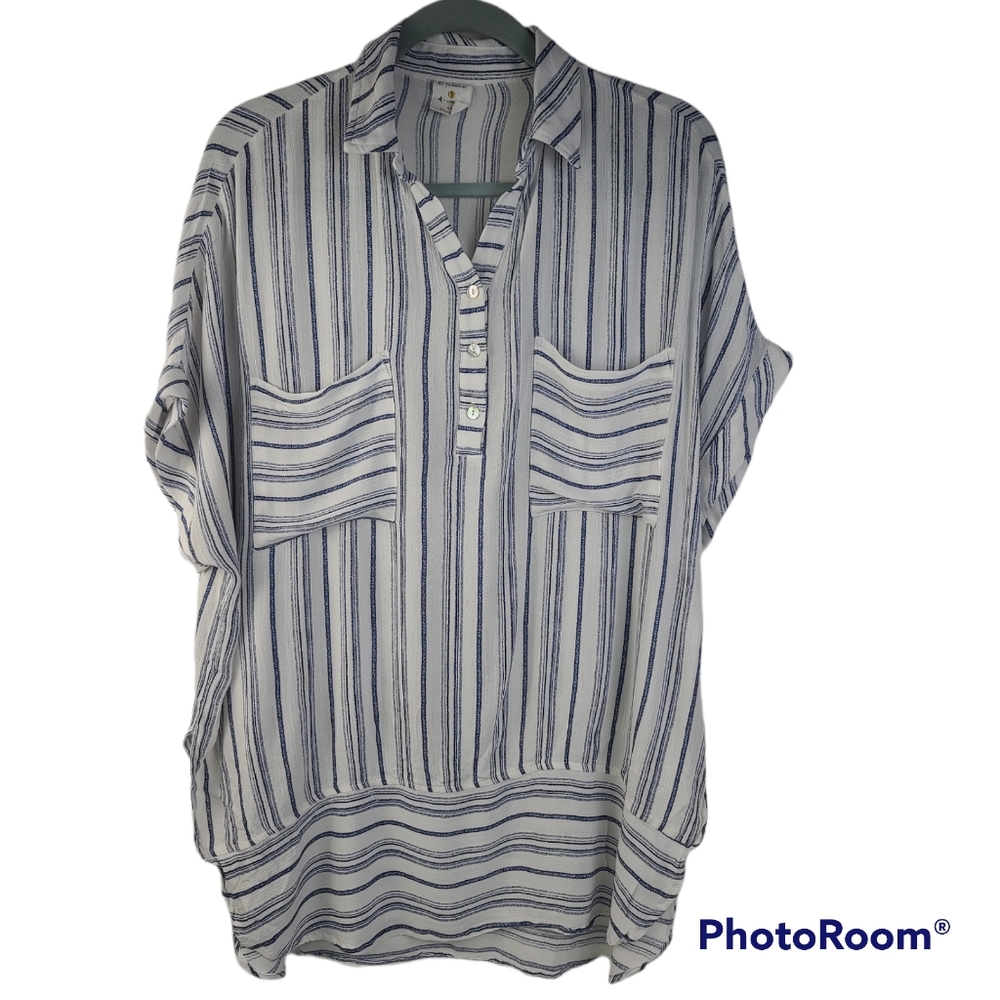 By Together Blue & White Striped 1/4 Button Short Sleeve Blouse Women's Medium